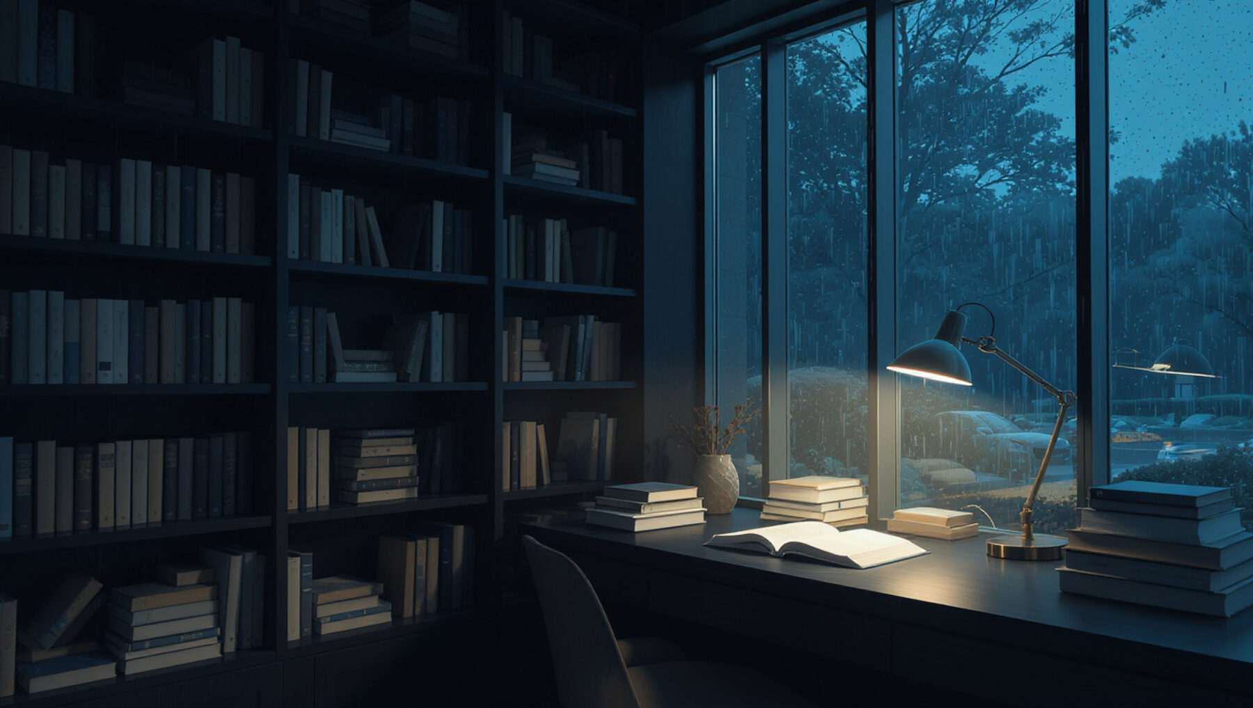 A quiet library desk in lamplight