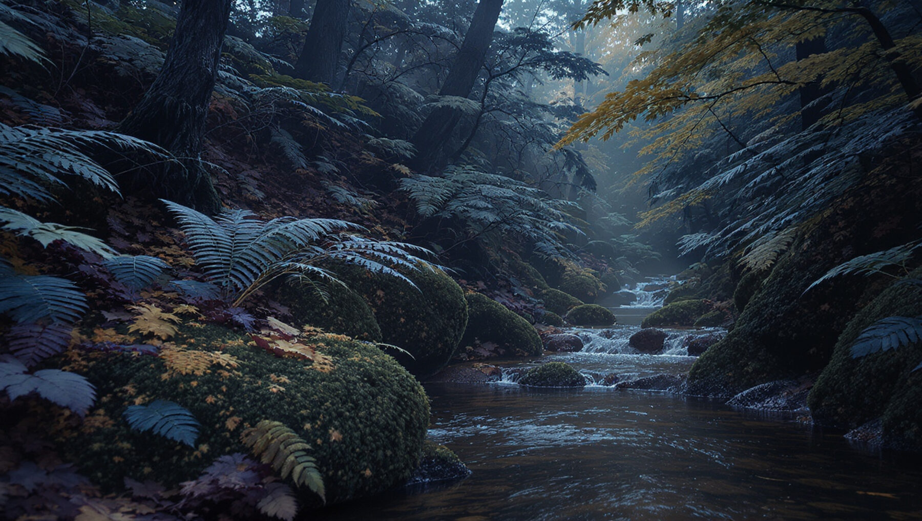A mossy forest floor near a stream