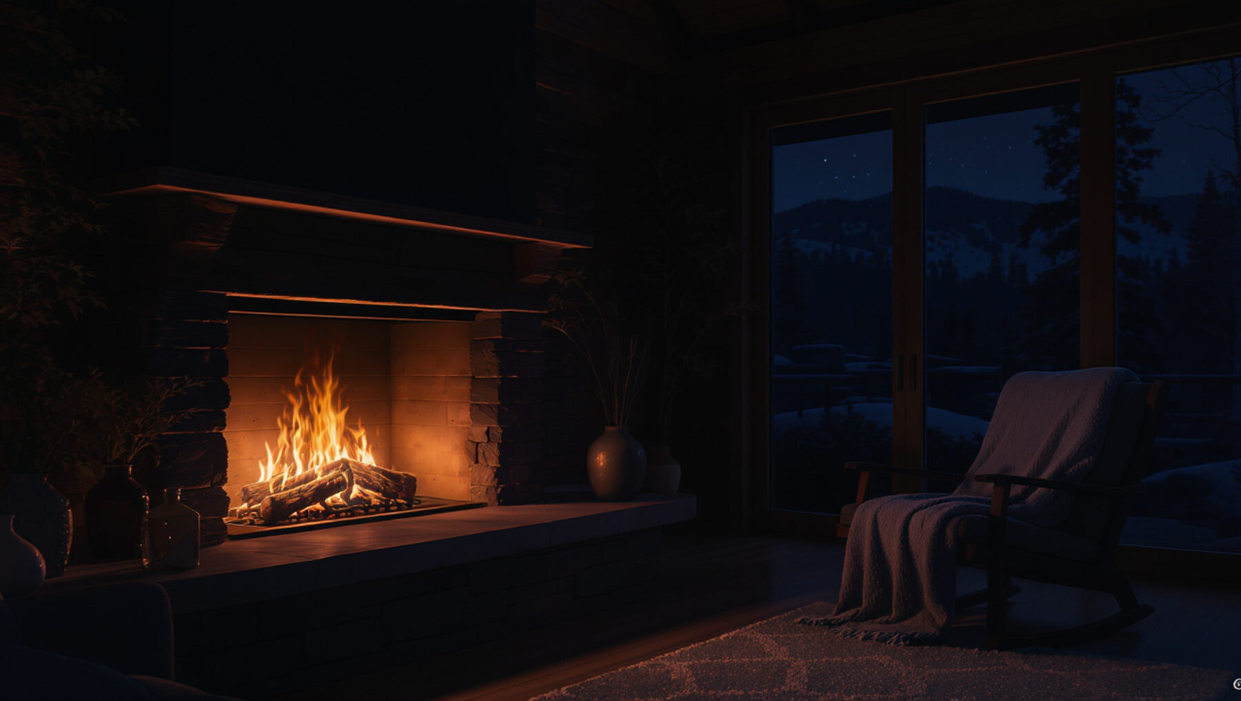 A warm room with a glowing hearth
