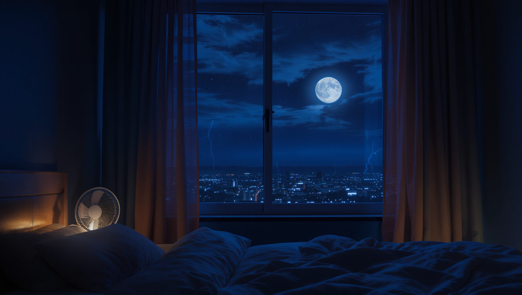 A quiet moonlit bedroom at night