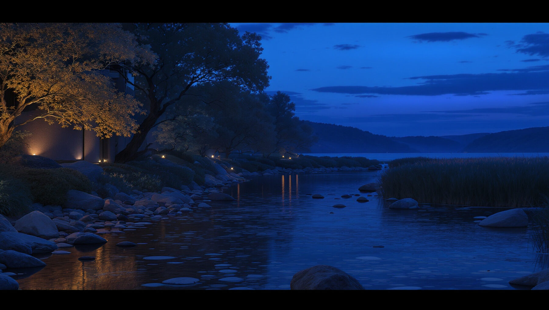 A calm waterline at dusk